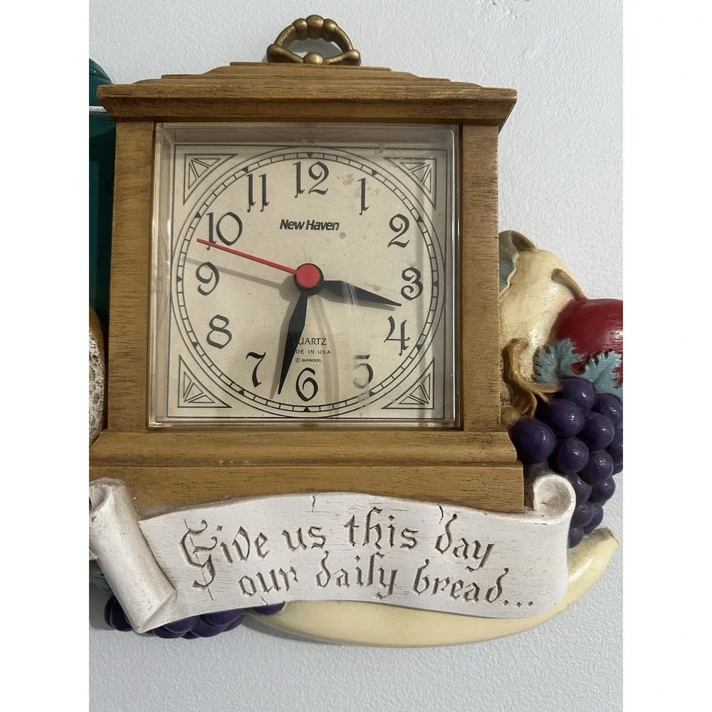 Vintage Kitchen Clock Give Us This Day Bread‎ Plastic Wall Art Food Tea Retro